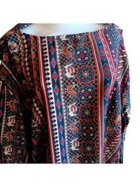 XXL True Vintage Top 1970's Bohemian Geometric Print Long Sleeve Blouse handmade